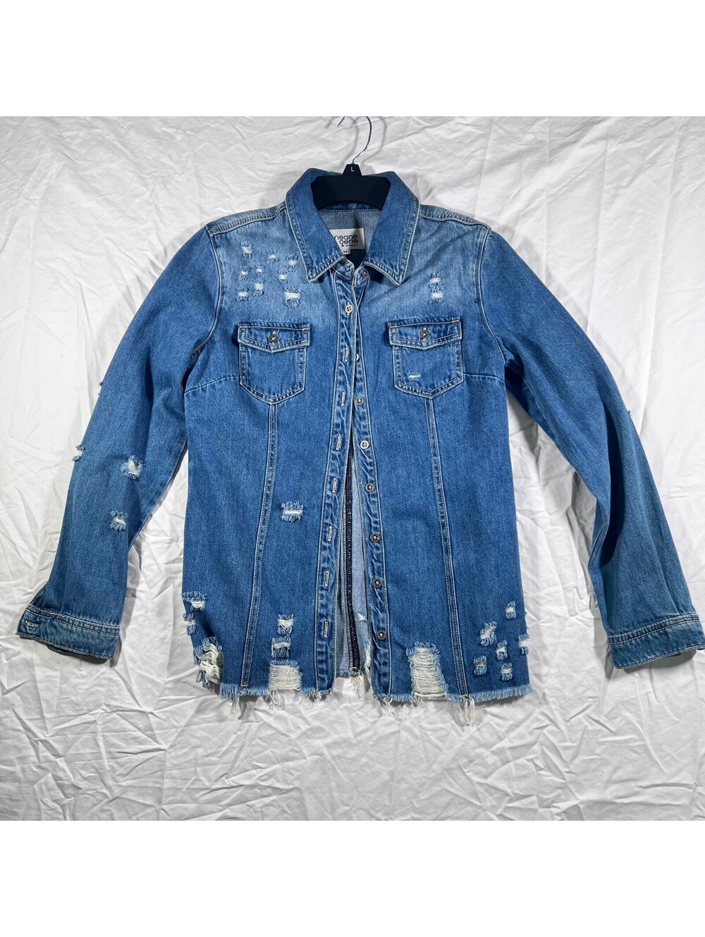 Insane Gene Womens M Distressed Long Denim Jacket Shacket Raw Hem Blue